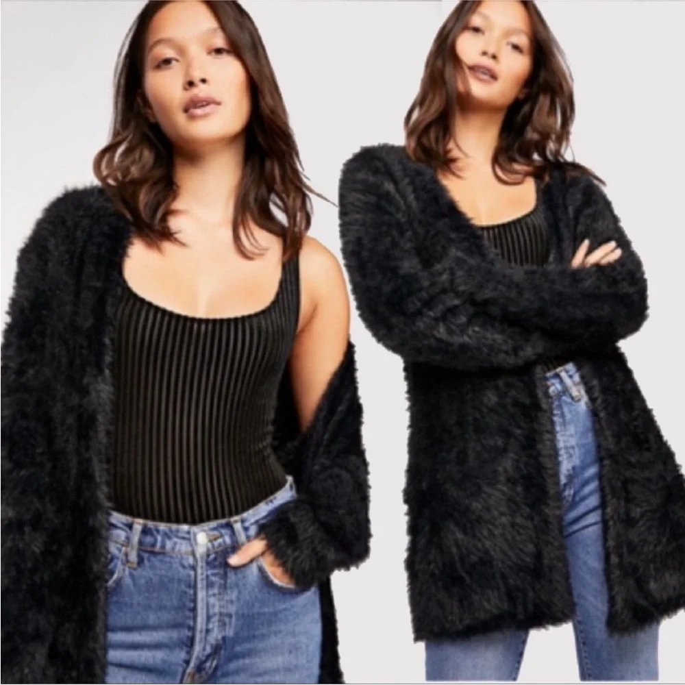 Free People Faux Fur Cardigan Sweater in Black, Women’s Size Large - Picture 1 of 10
